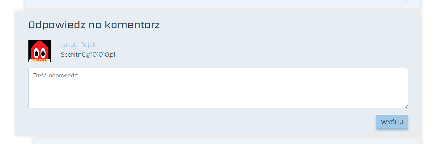 Fragment okna na naszym blogu, gdzie użytkownik widzi swój avatar i nick z Mastodona oraz miejsce do wpisania komentarza