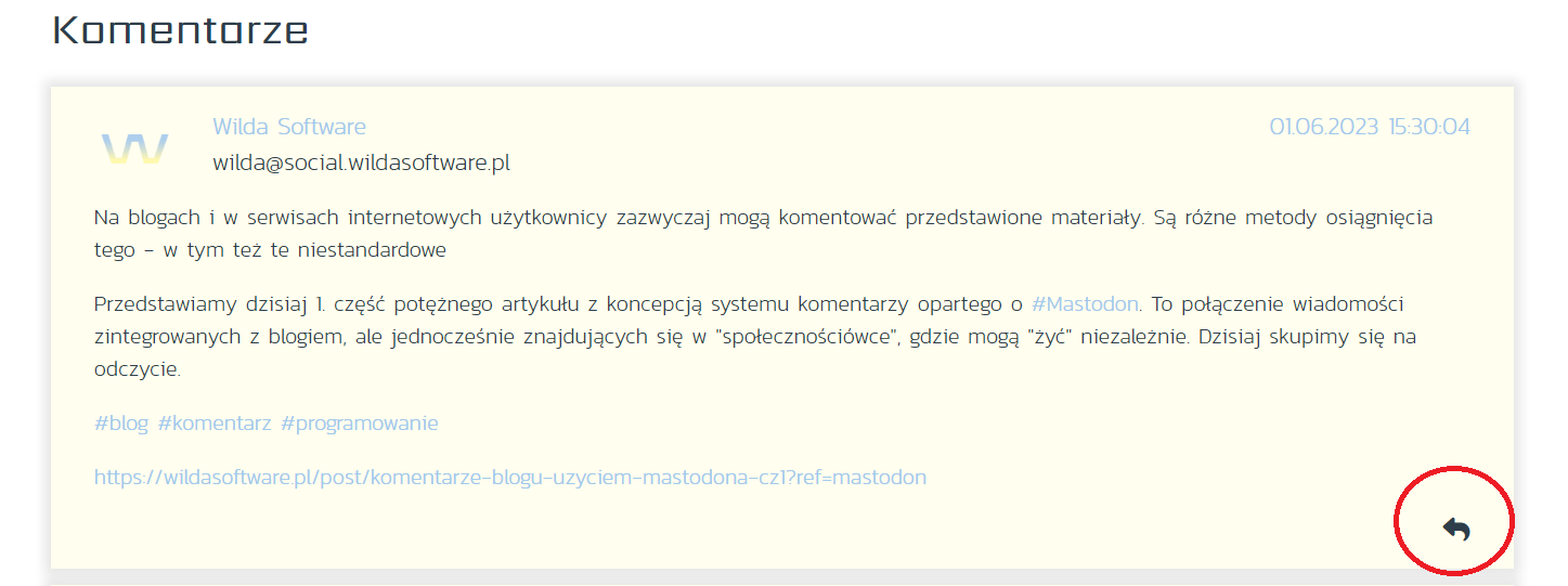 Zrzut ekranu komentarza na blogu wildasoftware.pl, gdzie w prawym dolnym rogu znajduje się zaznaczona ikonka rozpoczynająca udzielenie odpowiedzi