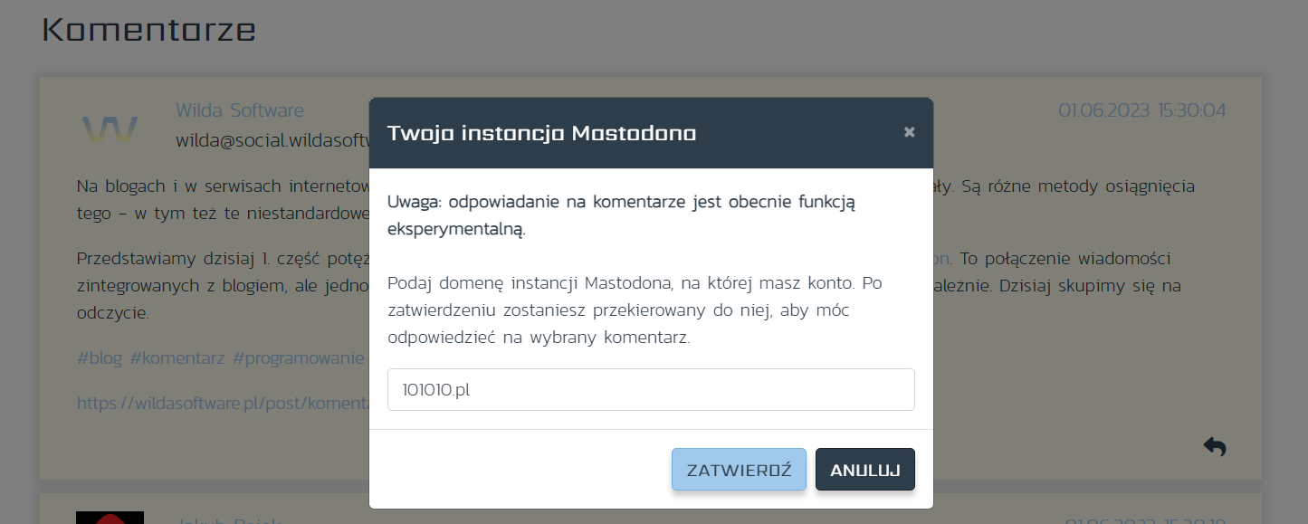 Okno modalne, w którym użytkownik jest proszony o podanie instancji Mastodona, na której posiada konto
