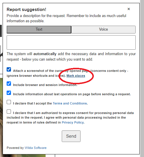 Umiejscowienie linku pozwalającego modyfikować zrzut ekranu